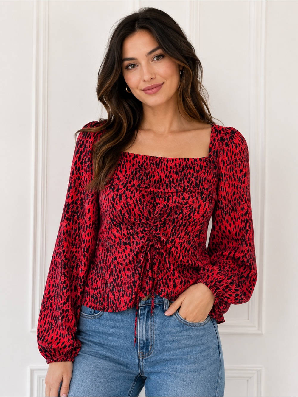 Topshop Red Animal Print Ruched Tie Front Puff Sleeve Square Neck Top